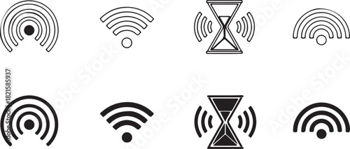 Black and white signal, wifi, and hourglass icons representing network, communication, and loading status
