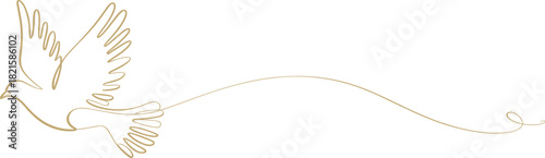 Minimalist flying bird vector, golden line art dove, elegant motion symbol, peace illustration, graceful flight design element