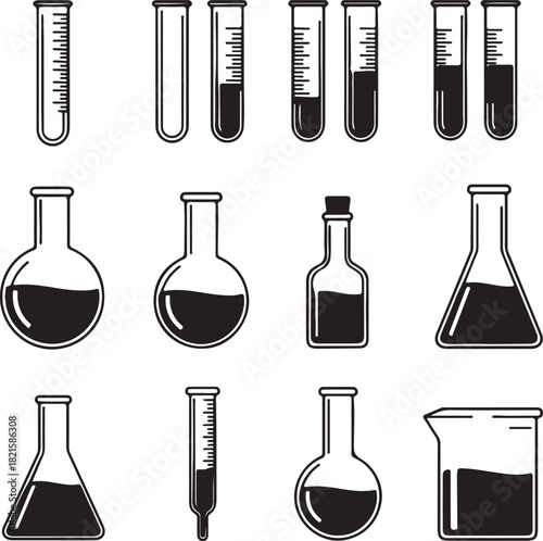 Black and white illustration of laboratory glassware test tubes, beakers, flasks, filled with liquid