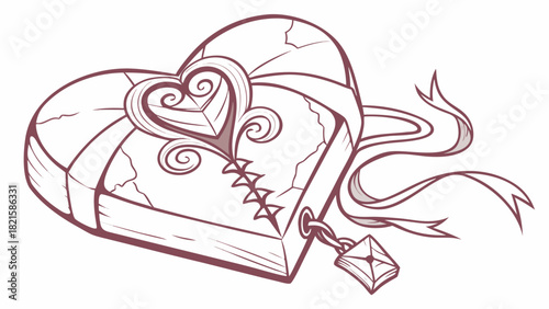 Illustration of a heart shaped box with cracks ribbon and a diamond shaped lock in line art style
