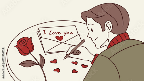 Man writing i love you letter with rose and hearts on a round table for valentine's day celebration