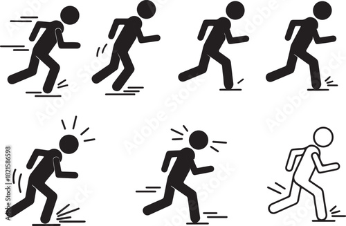 Set of stick figures illustrating various stages of running, motion, and speed, including an outlined figure