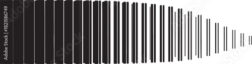 Abstract black and white pattern with vertical lines decreasing in width and spacing, creating a dynamic visual effect and sense of depth