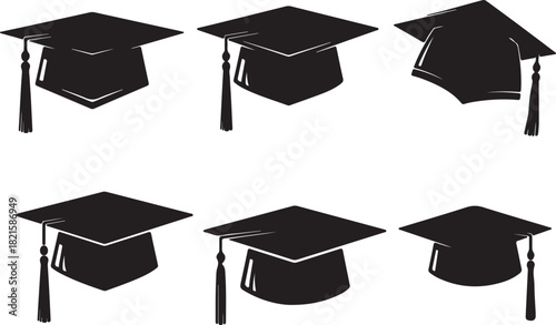 Collection of six black graduation caps with tassels, symbolizing academic achievement, education, and success