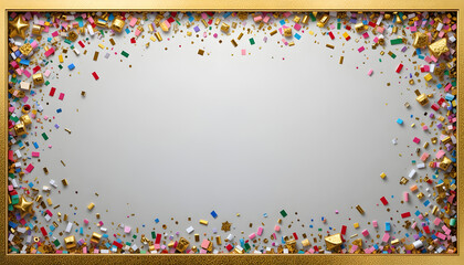 Golden Border with Abundant Confetti on Light Gray Background frame party