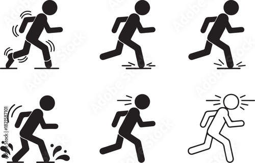 Stick figures illustrating running, stumbling, slipping, and reactions to pain or surprise