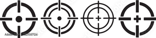 A set of four distinct black and white target or crosshair symbols, representing aim, focus, and precision