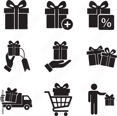 A collection of black silhouette icons representing various aspects of giftgiving, shopping, delivery, and commerce