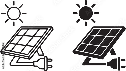 Solar panel with plug and sun icon set, representing renewable energy, electricity generation, and sustainable power