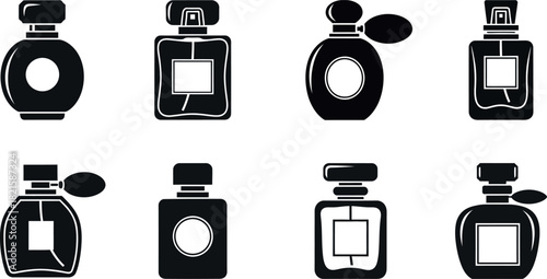 Collection of black perfume bottle icons on white background