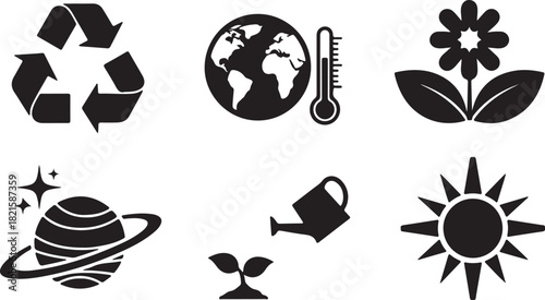 Set of environmental and ecological icons featuring recycling, global warming, planet, flower, plant growth, and sun