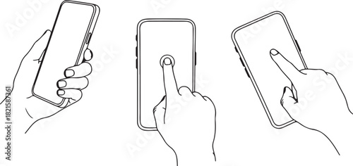 Set of line art illustrations depicting various hand interactions with a smartphone, including holding, tapping, and swiping gestures