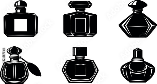 Six Black Perfume Bottles Silhouettes on White Background