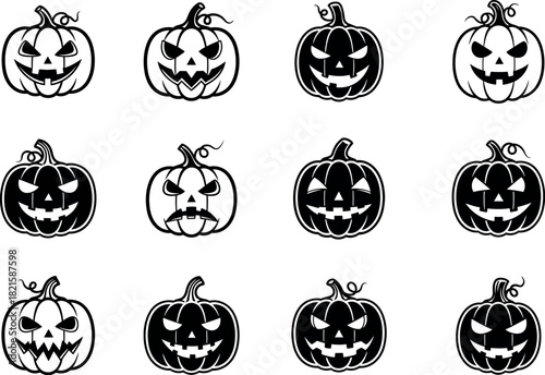 Twelve Black and White Halloween Jack O Lantern Icons