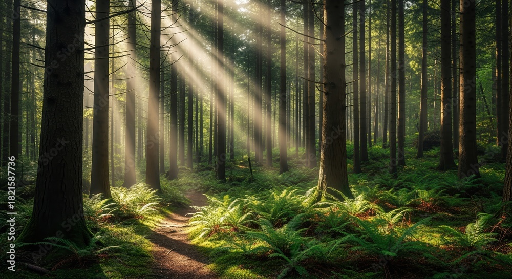 Obraz premium Sunlight streams through tall trees in a lush green forest with ferns covering the ground. A path winds through the woods. Perfect for nature themes, calm settings, and outdoor content.