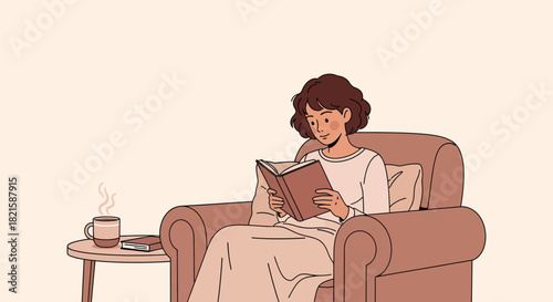 Woman relaxing comfortably in a cozy armchair, engrossed in a book, enjoying a warm drink for a peaceful moment of personal leisure and quiet time at home