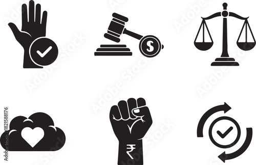 Icons depicting law, justice, human rights, financial power, and approval processes in black and white