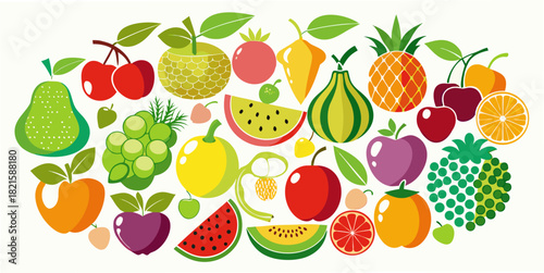 Colorful illustration of assorted fresh fruits: pineapple, pear, grapes, watermelon, apple, cherry, and citrus, representing healthy eating and diverse diet.