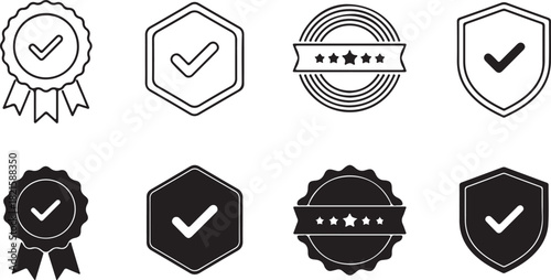 Checkmark badges and guarantee icons in various styles, outlined and filled designs, for quality, approval, certification, and success