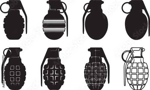 Collection of hand grenade silhouettes and outline designs, symbolizing military weaponry and danger