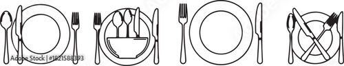 Collection of dining etiquette icons illustrating various table settings with plates, forks, spoons, and knives