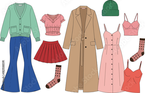 Feminine Casual Clothing Vector Collection, Cardigan, Trench Coat, Dress, and Accessories Fashion Set