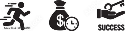 Speed, finance, and success icons running, money with time, and key to achievement