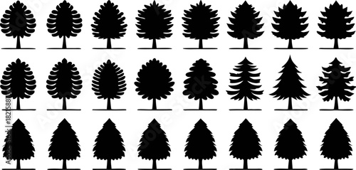 A comprehensive collection of diverse forest tree silhouettes, featuring various evergreen and broadleaf shapes, ideal for nature-themed graphic design projects, icons and symbols.
