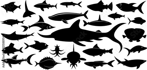 Collection of diverse fish and marine animal silhouettes, showcasing various species of ocean life in black, perfect for aquatic design and educational resources