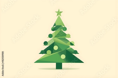  Minimal geometric Christmas tree with star topper and baubles on a soft cream background. Clean festive icon for cards, posters, web, and branding.
