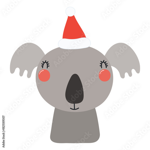 Koala in a Santa Claus hat isolated on transparent. Hand drawn flat vector il...