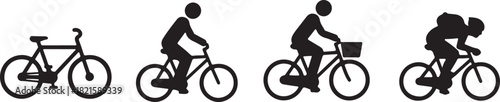 Black silhouettes of a bicycle, a casual rider, a basket bike rider, and a racing cyclist