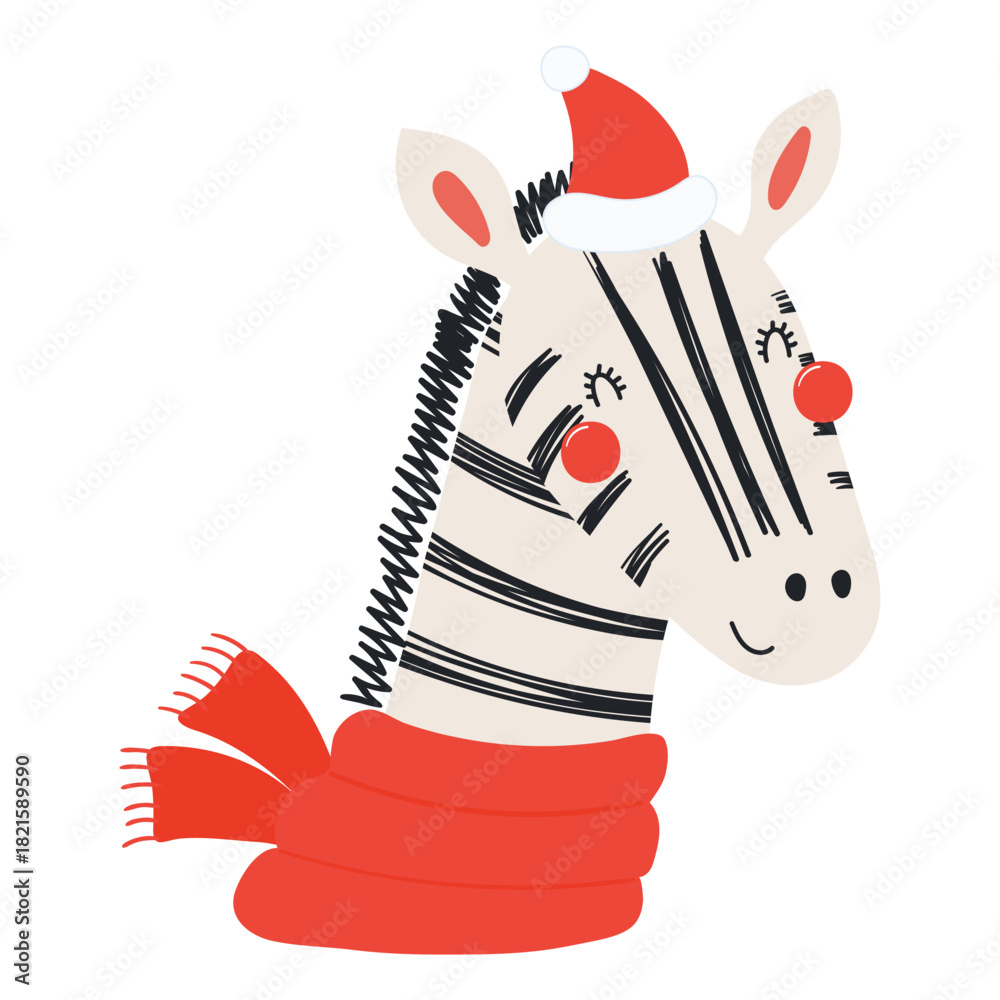 Naklejka premium Zebra in a Santa Claus hat, red scarf isolated on transparent. Hand drawn flat vector illustration. Cute cartoon character. Traditional Christmas, New Year design element, clip art