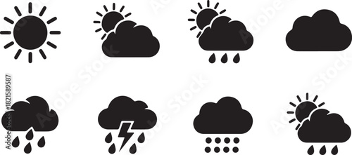 Collection of black weather forecast icons including sun, clouds, rain, lightning, and snow