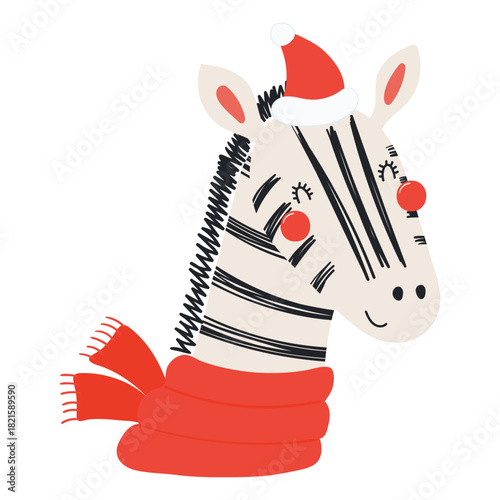 Zebra in a Santa Claus hat, red scarf isolated on transparent. Hand drawn flat vector illustration. Cute cartoon character. Traditional Christmas, New Year design element, clip art