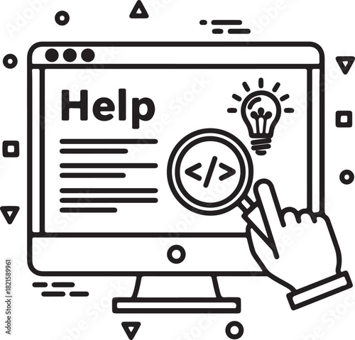 Hand clicking computer screen with help text, lightbulb, and code search icon, symbolizing online assistance