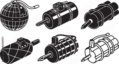 A collection of various types of vintage hand grenades and explosive devices, depicted in a black and white schematic style illustration