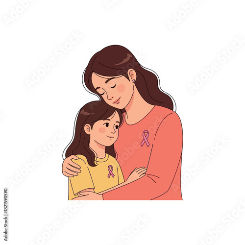 A loving mother and her young daughter share a tender embrace, both wearing pink ribbons to symbolize support for breast cancer awareness