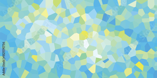 Geometric abstract mosaic pattern with irregular tessellating polygons in soft shades of blue green and yellow creating a calming and organic visual texture for backgrounds and decorative designs