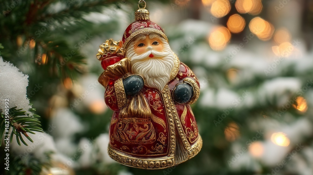 Fototapeta premium A red santa with a red bag on his back. The bag is gold and has a red ribbon. The santa is hanging from a tree