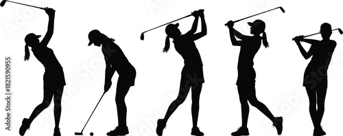 Golf swing silhouette sequence, sports motion illustration, athletic posture, golfing technique, black figure, dynamic pose, training, impact, follow-through, vector