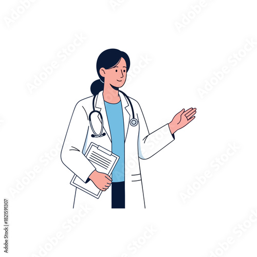 Medical professional illustration of a doctor holding a clipboard, presenting information in a healthcare setting