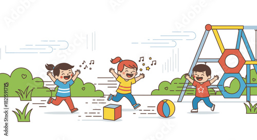 Childrens Playtime Joyful Kids Running and Playing in the Park.
