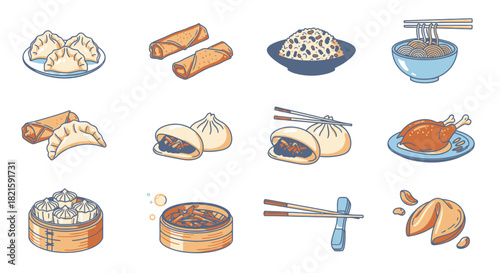 Chinese Food Icons Dumplings Rolls Rice Noodles and More.