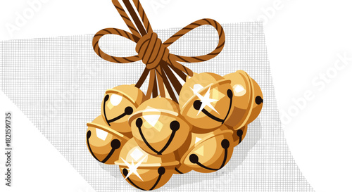 Cluster of golden jingle bells tied with twine on a textured background - Concept of Christmas and New Year  
