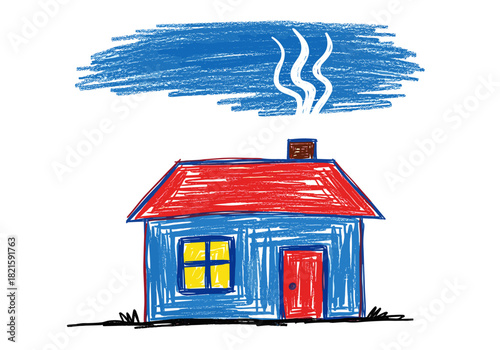 Simple blue house with red roof and smoke from chimney  