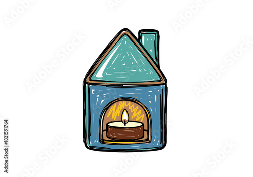 Hand-drawn tealight holder shaped like a house with a flame inside - Concept of Christmas and New Year  