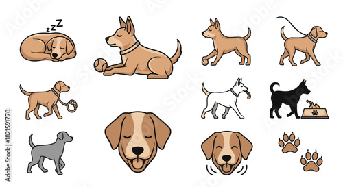 Collection of Dog Illustrations in Various Poses and Styles.