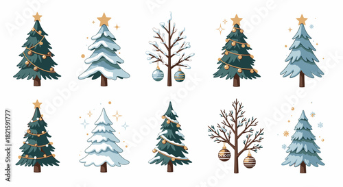Collection of Festive Christmas Trees with Decorations and Snow.