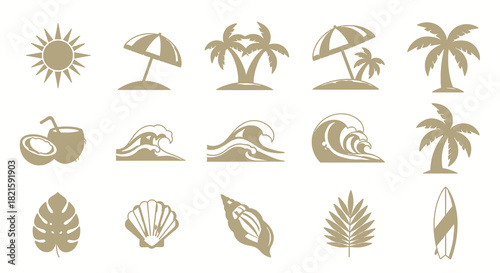 Collection of Summer and Beach Themed Vector Icons.
